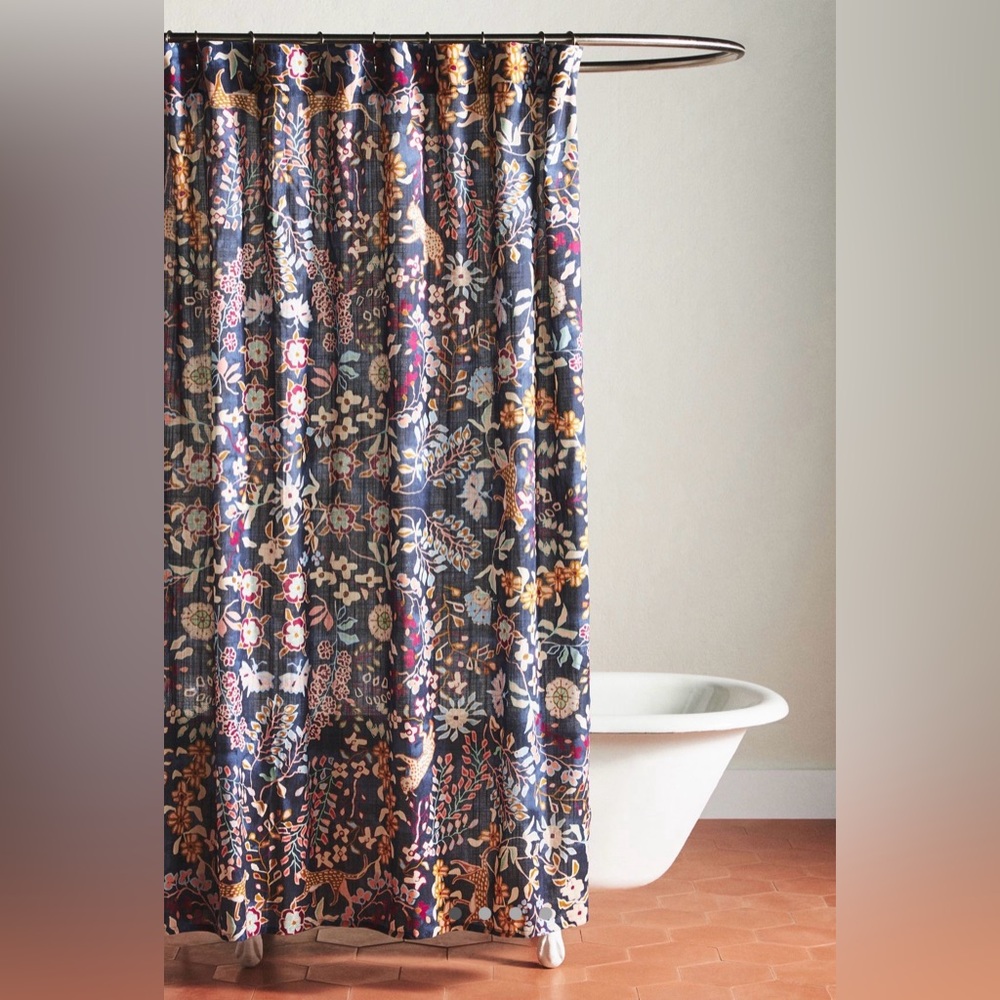 Anthropologie Printed Organic Slub Cotton Shower Curtain LacyBlue Leopard 72x72”